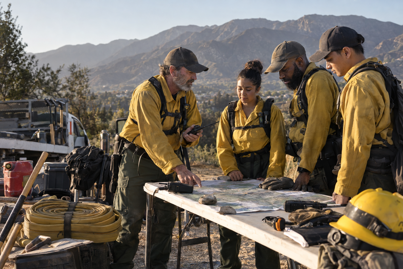 An instructor briefs volunteer firefighters around a terrain map before training