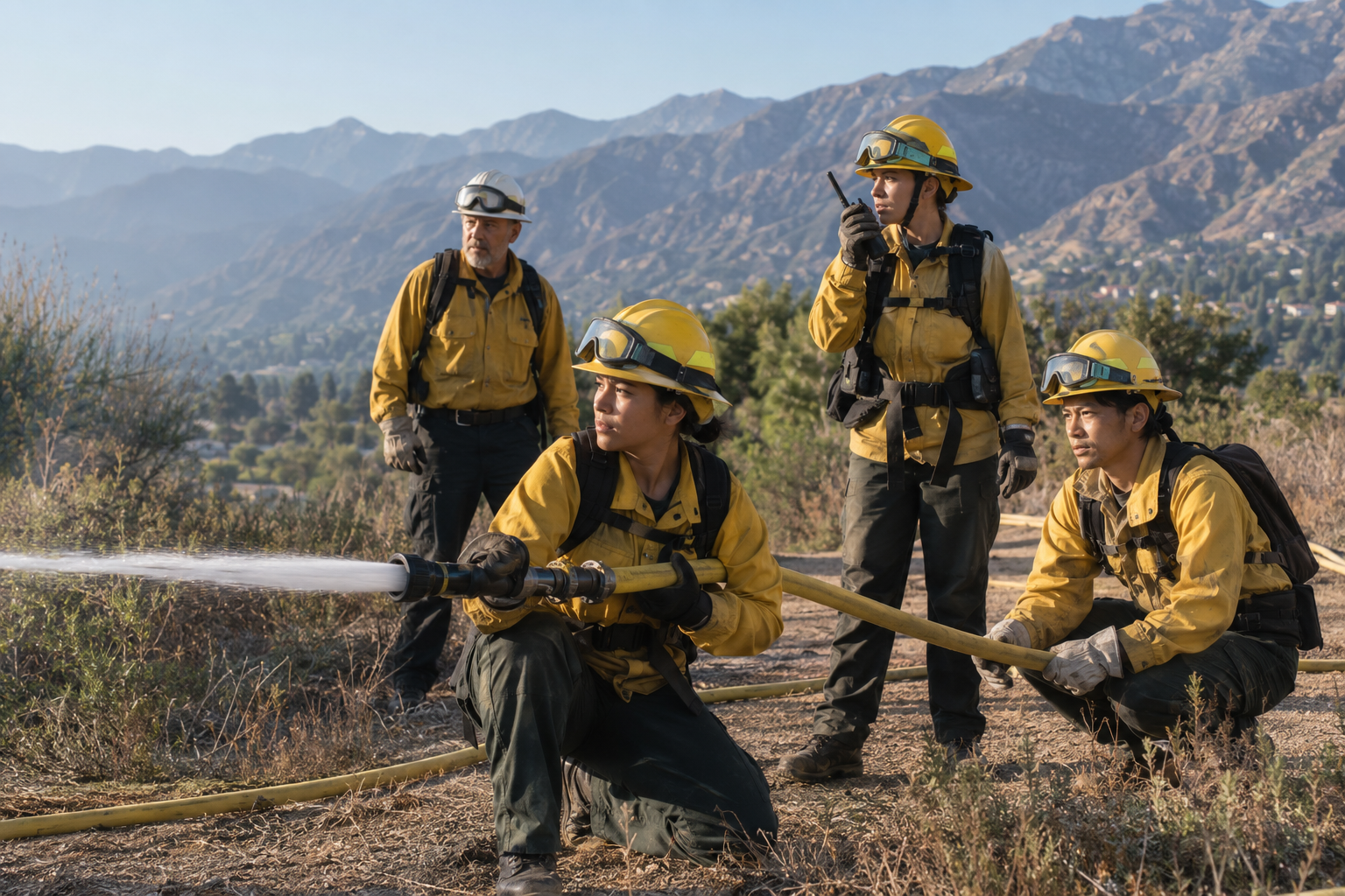 Volunteer firefighters practice hose deployment and radio communication in the foothills