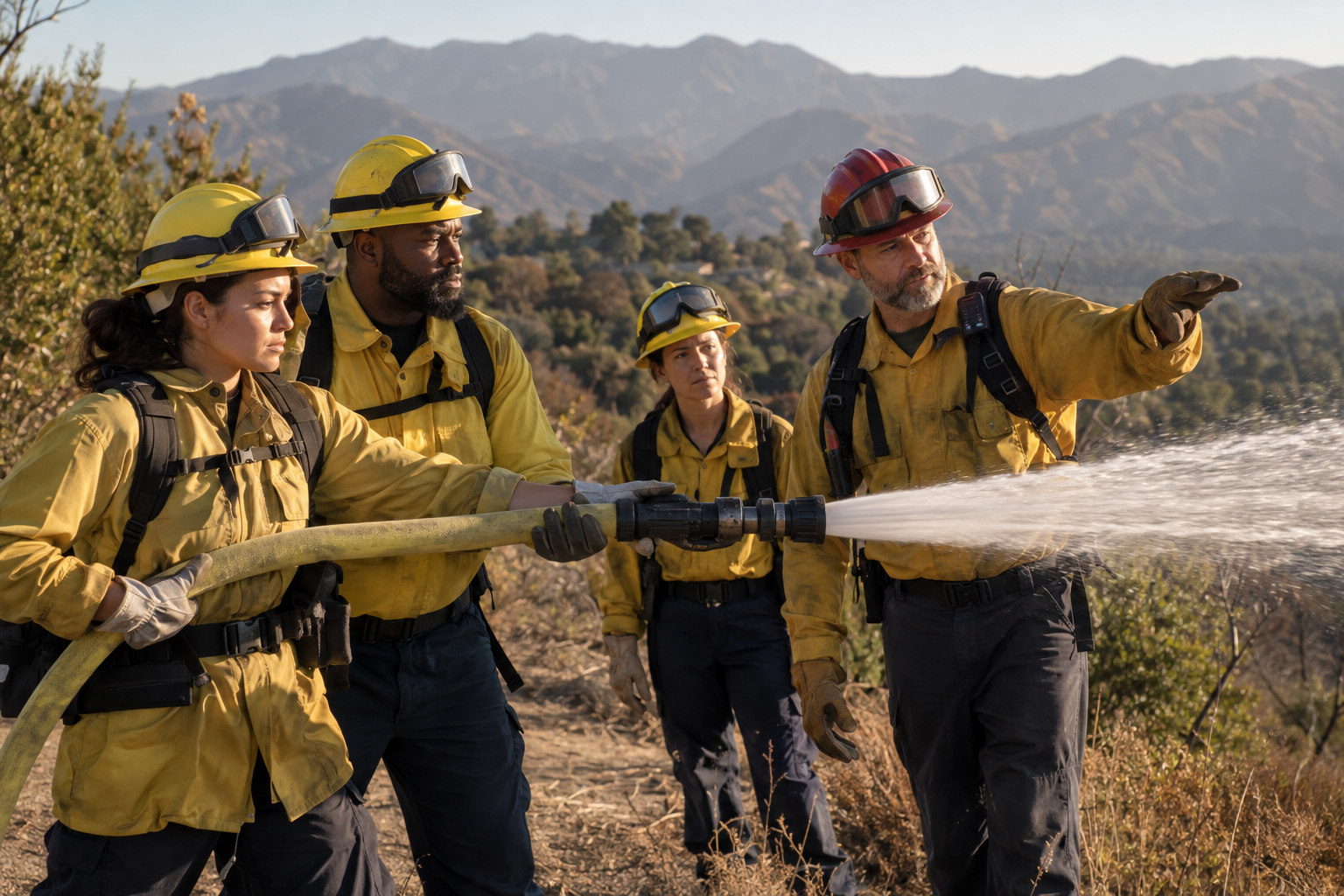 Volunteer firefighters practice hose handling during a training exercise in the foothills